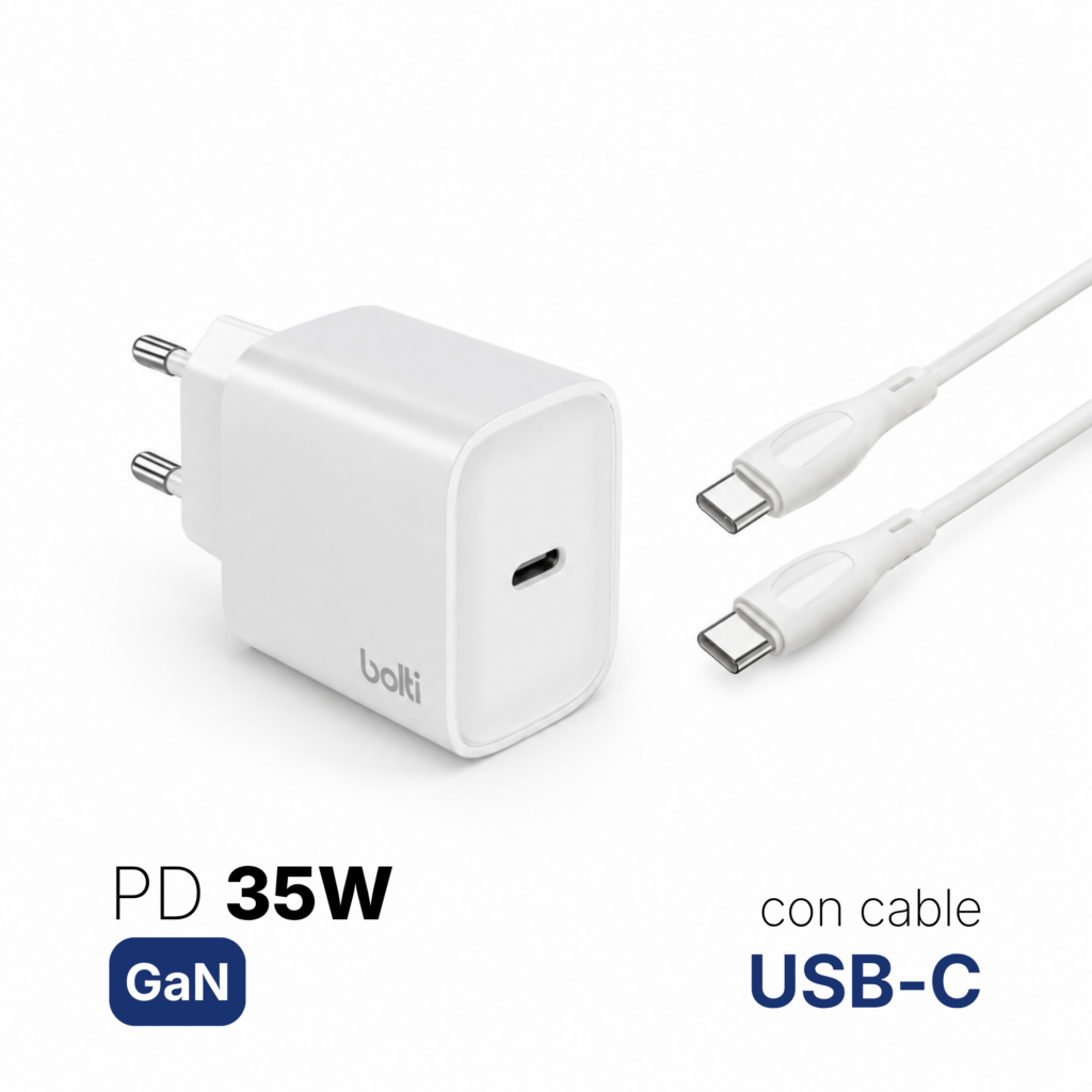 Set de carga rápida BOLTI GaN 35W + cable USB-C a USB-C 1 m