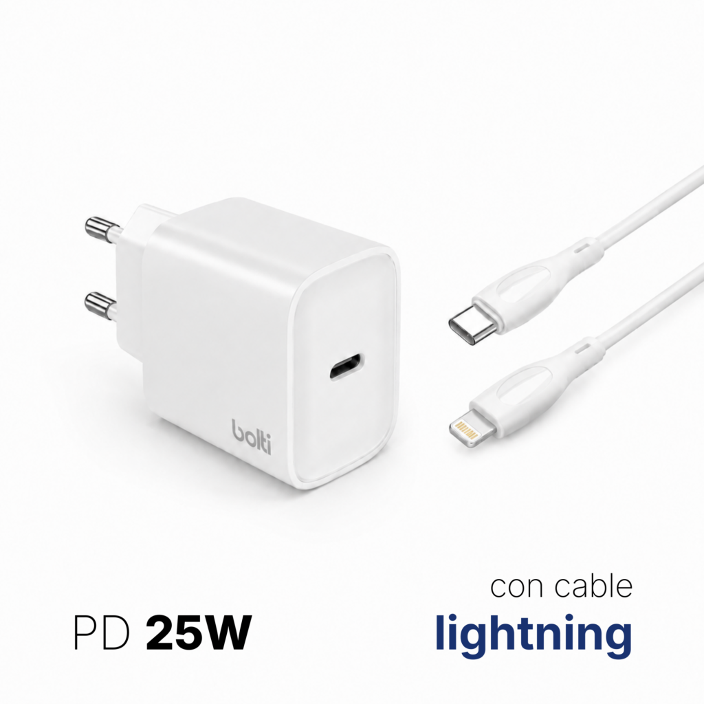 Set de carga rápida BOLTI USB-C 25W + cable USB-C a Lightning 1 m